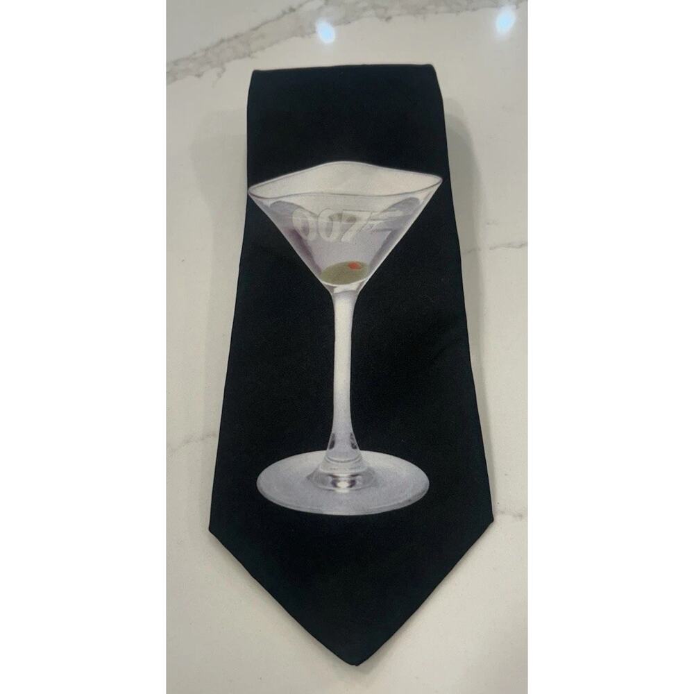 Vtg 1997 RALPH MARLIN Men’s Tie 3.75” Black 007 Bond‎ - Etched MARTINI GLASS